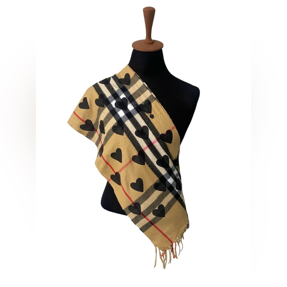 BURBERRY Classic Nova Check Plaid Cashmere Black Heart Beige SCARF (B-16/56)